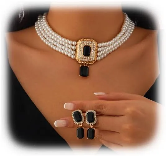 Multi Layered Pearl Choker Necklace,Crystal Clavicle Chain Necklace Earrings Set,Wedding Bridal Rhinestone Pearl Collar Chain Necklace Set Jewelry for Women