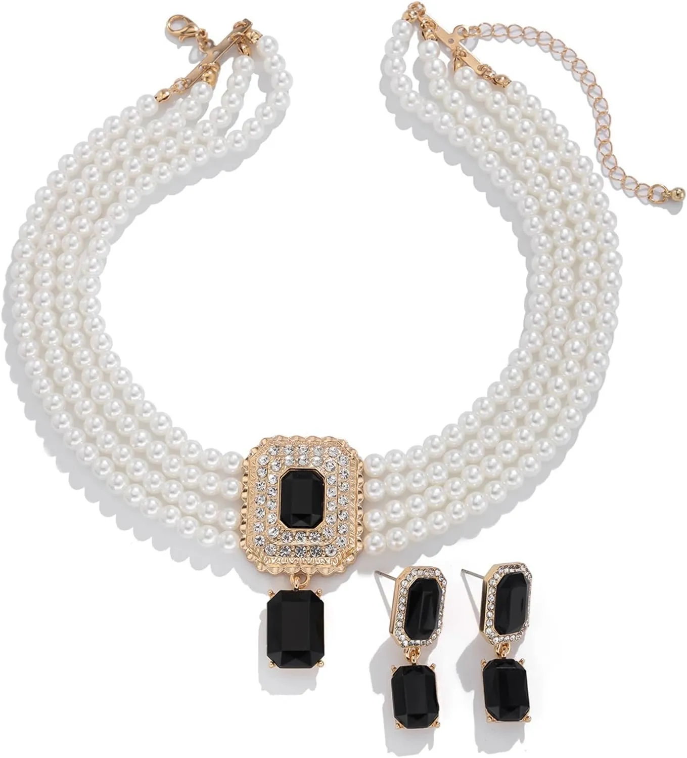 Multi Layered Pearl Choker Necklace,Crystal Clavicle Chain Necklace Earrings Set,Wedding Bridal Rhinestone Pearl Collar Chain Necklace Set Jewelry for Women