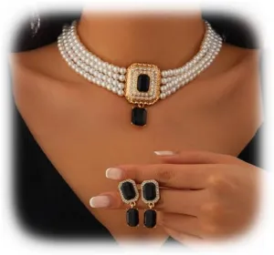 Multi Layered Pearl Choker Necklace,Crystal Clavicle Chain Necklace Earrings Set,Wedding Bridal Rhinestone Pearl Collar Chain Necklace Set Jewelry for Women