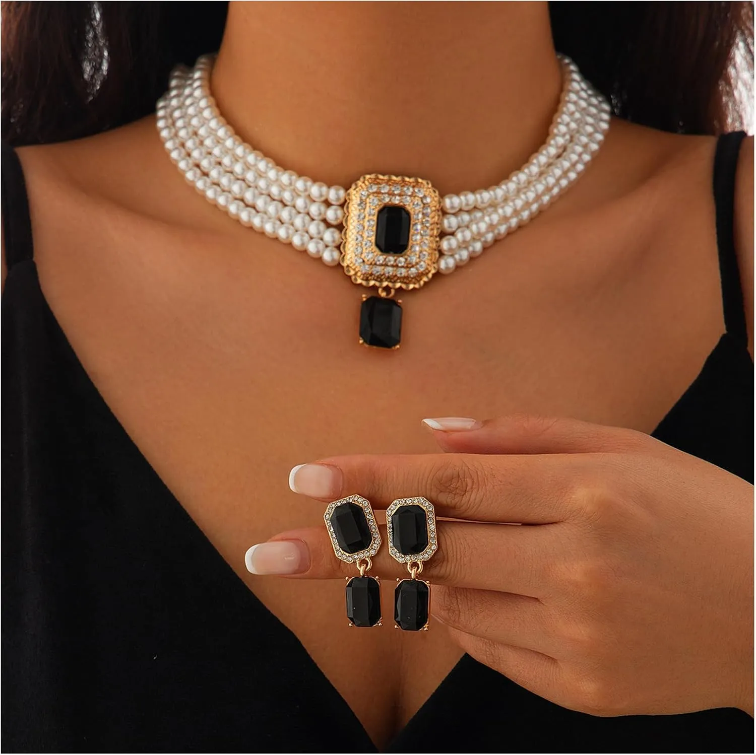 Multi Layered Pearl Choker Necklace,Crystal Clavicle Chain Necklace Earrings Set,Wedding Bridal Rhinestone Pearl Collar Chain Necklace Set Jewelry for Women