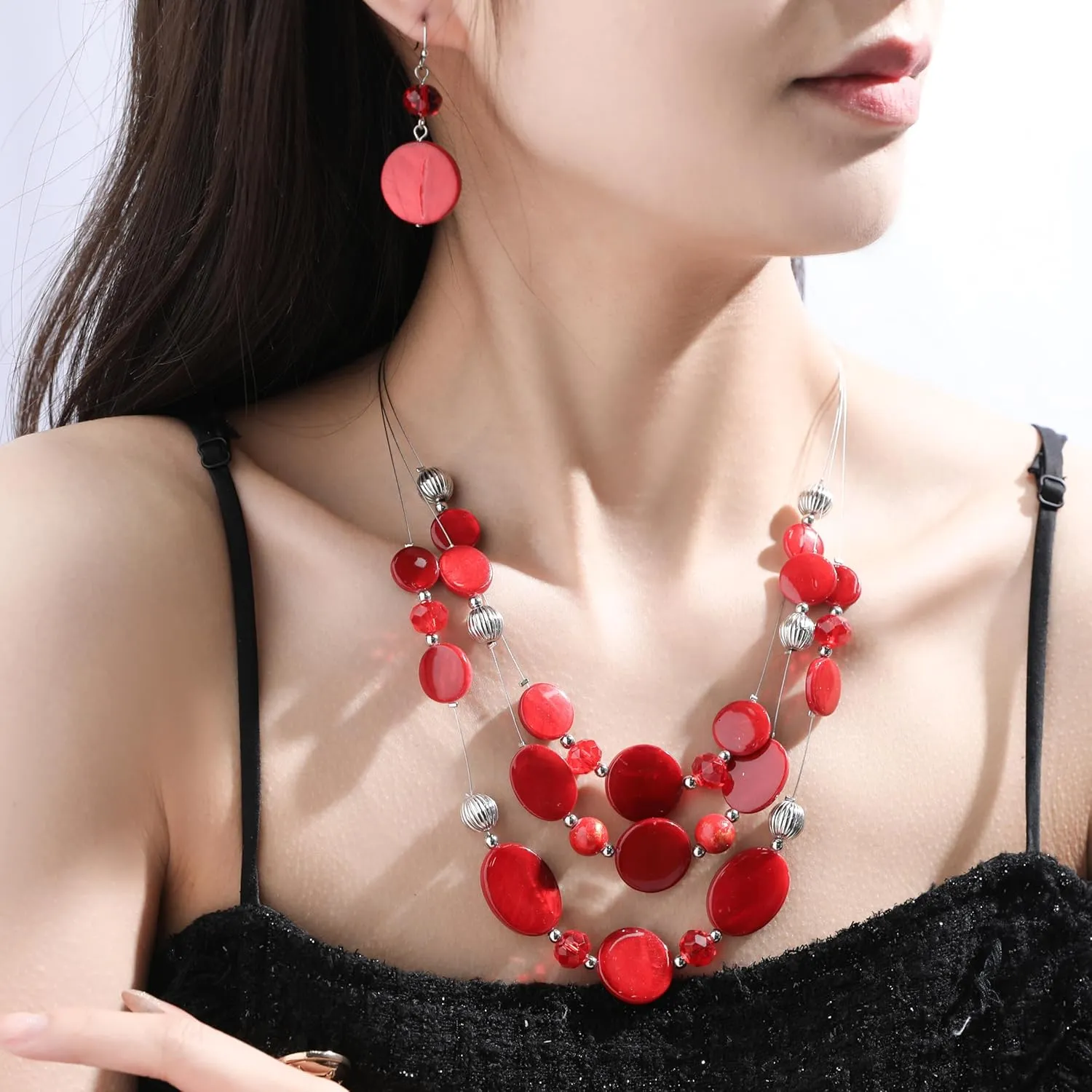 Multi Layered Shell Illusion Necklace Earring Set Colorful Chunky Beads Necklace for Women Gifts