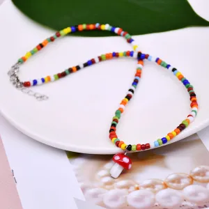 Mushroom Charm Colorful Beaded Adjustable Necklace Mushroom Charm Colorful Beaded Adjustable Necklace