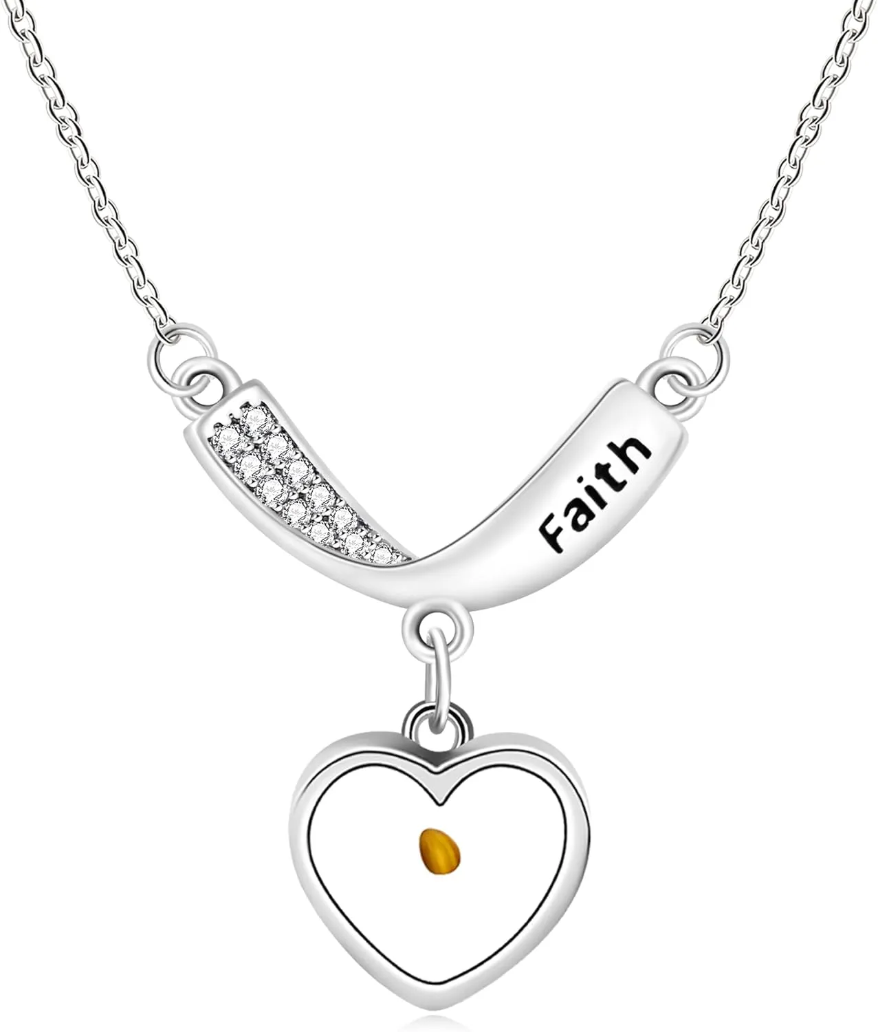 Mustard Seed Necklace Christian Gift Faith Based Necklace, Faith Mountain Stainless Steel Necklace with Cubic Zirconia V Shape Pendant, Seed of Faith Necklace for Women YA4835