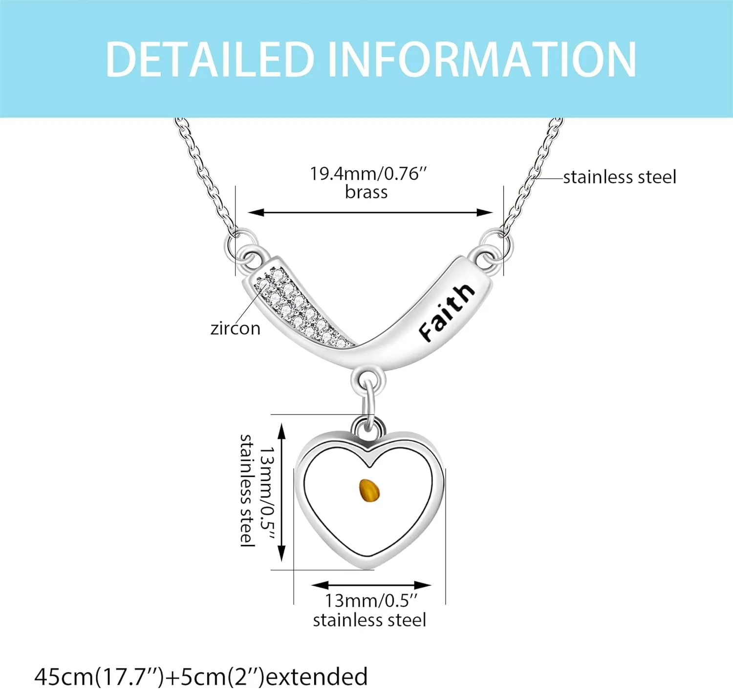 Mustard Seed Necklace Christian Gift Faith Based Necklace, Faith Mountain Stainless Steel Necklace with Cubic Zirconia V Shape Pendant, Seed of Faith Necklace for Women YA4835