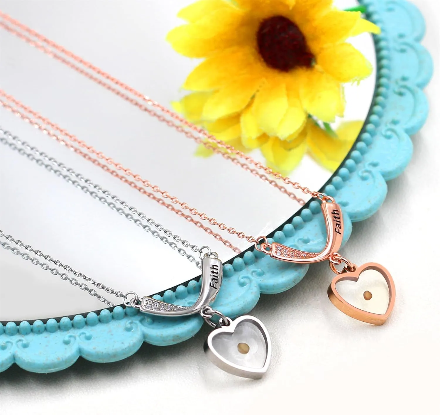Mustard Seed Necklace Christian Gift Faith Based Necklace, Faith Mountain Stainless Steel Necklace with Cubic Zirconia V Shape Pendant, Seed of Faith Necklace for Women YA4835