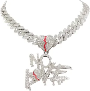 N-Made Beautiful No Love Broken Heart Pendant, Iced Out Pendant for Men & Women, Hip Hop Pendant Necklace, Cuban Chain Width 15mm