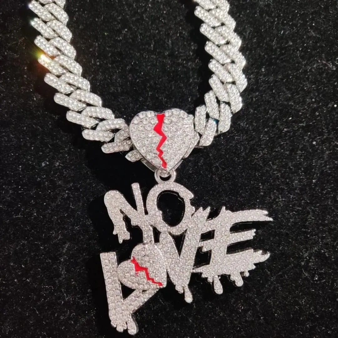 N-Made Beautiful No Love Broken Heart Pendant, Iced Out Pendant for Men & Women, Hip Hop Pendant Necklace, Cuban Chain Width 15mm