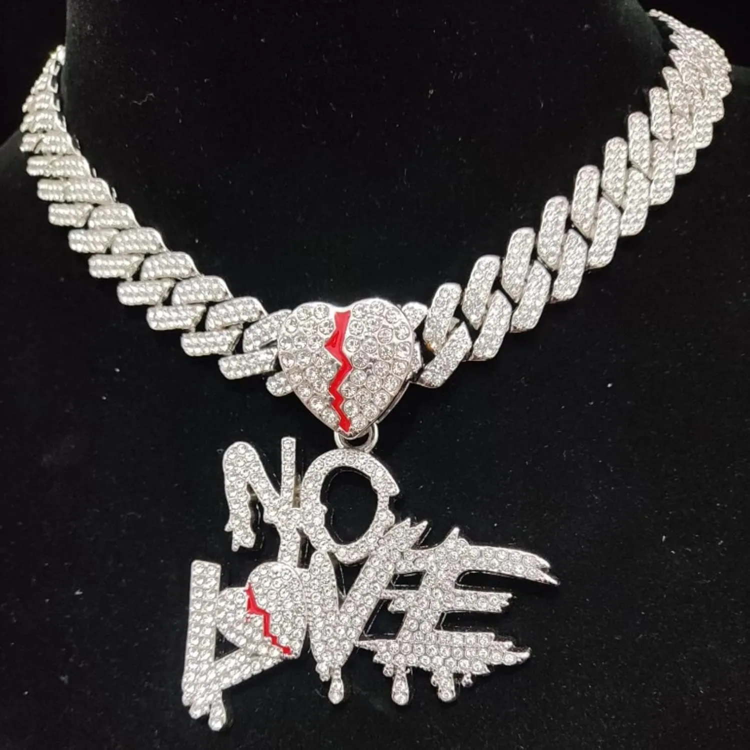 N-Made Beautiful No Love Broken Heart Pendant, Iced Out Pendant for Men & Women, Hip Hop Pendant Necklace, Cuban Chain Width 15mm
