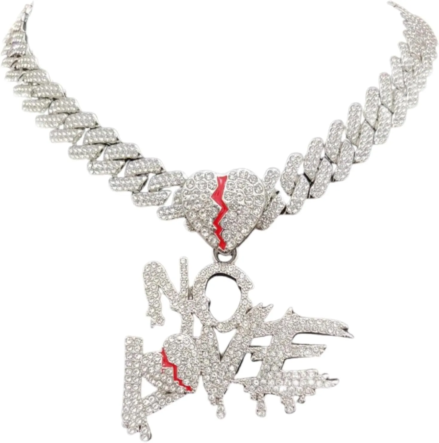 N-Made Beautiful No Love Broken Heart Pendant, Iced Out Pendant for Men & Women, Hip Hop Pendant Necklace, Cuban Chain Width 15mm