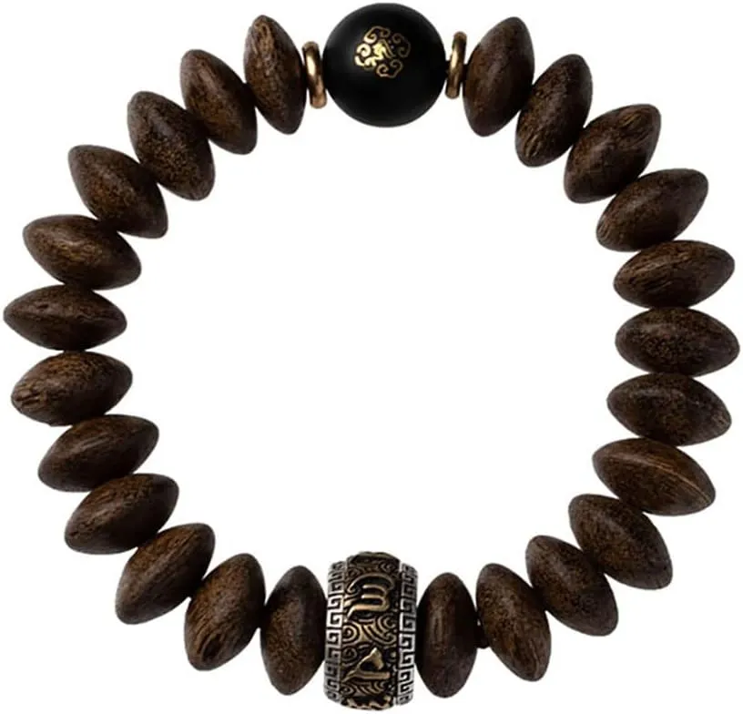Natural Agarwood Six-Character Mantra Obsidian Natal Buddha Bracelet, Bead Bracelet for Amulet Prayer