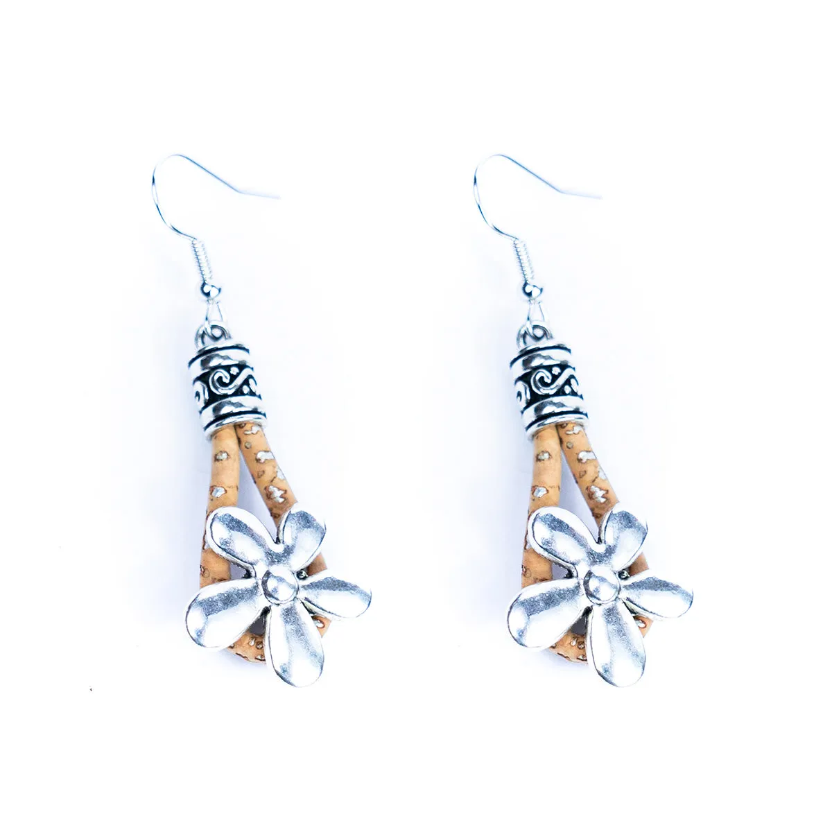 natural cork cord and  flowers pendants handmade earrings-ER-187-5