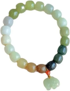 Natural Stone Hetian Jade Beaded Bracelet White-Green Jade Beads Elephant Pendant Stretch Charm Bracelet Prayer Energy Jewelry