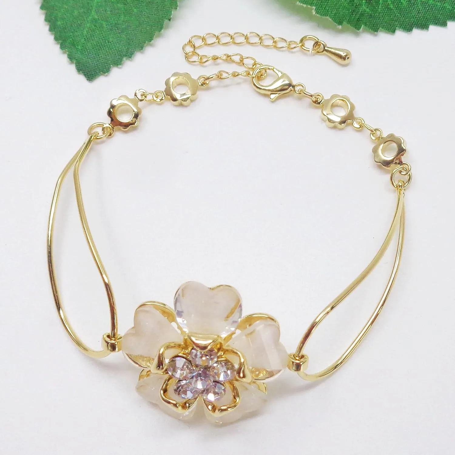 Navachi 18k Gold Plated Colorful Crystal Acetate Blooming Flower Bracelet Bangle 7" 1"