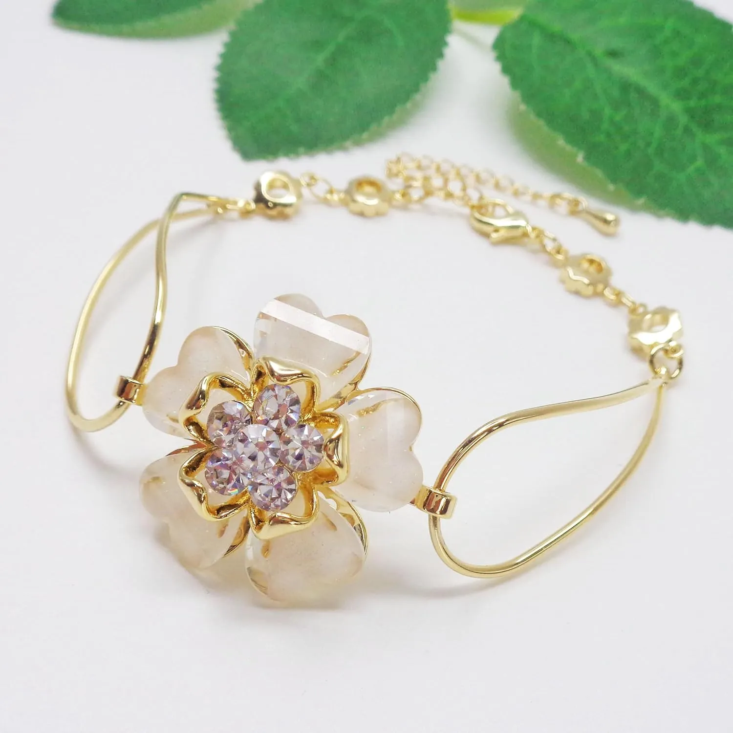 Navachi 18k Gold Plated Colorful Crystal Acetate Blooming Flower Bracelet Bangle 7" 1"