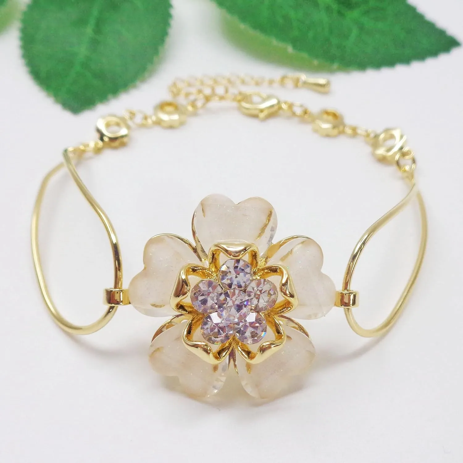 Navachi 18k Gold Plated Colorful Crystal Acetate Blooming Flower Bracelet Bangle 7" 1"