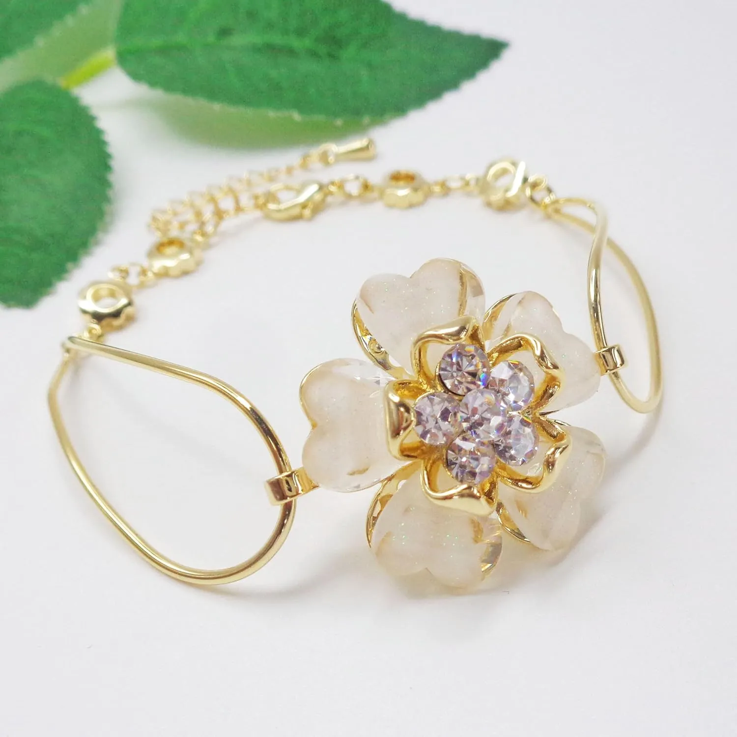 Navachi 18k Gold Plated Colorful Crystal Acetate Blooming Flower Bracelet Bangle 7" 1"