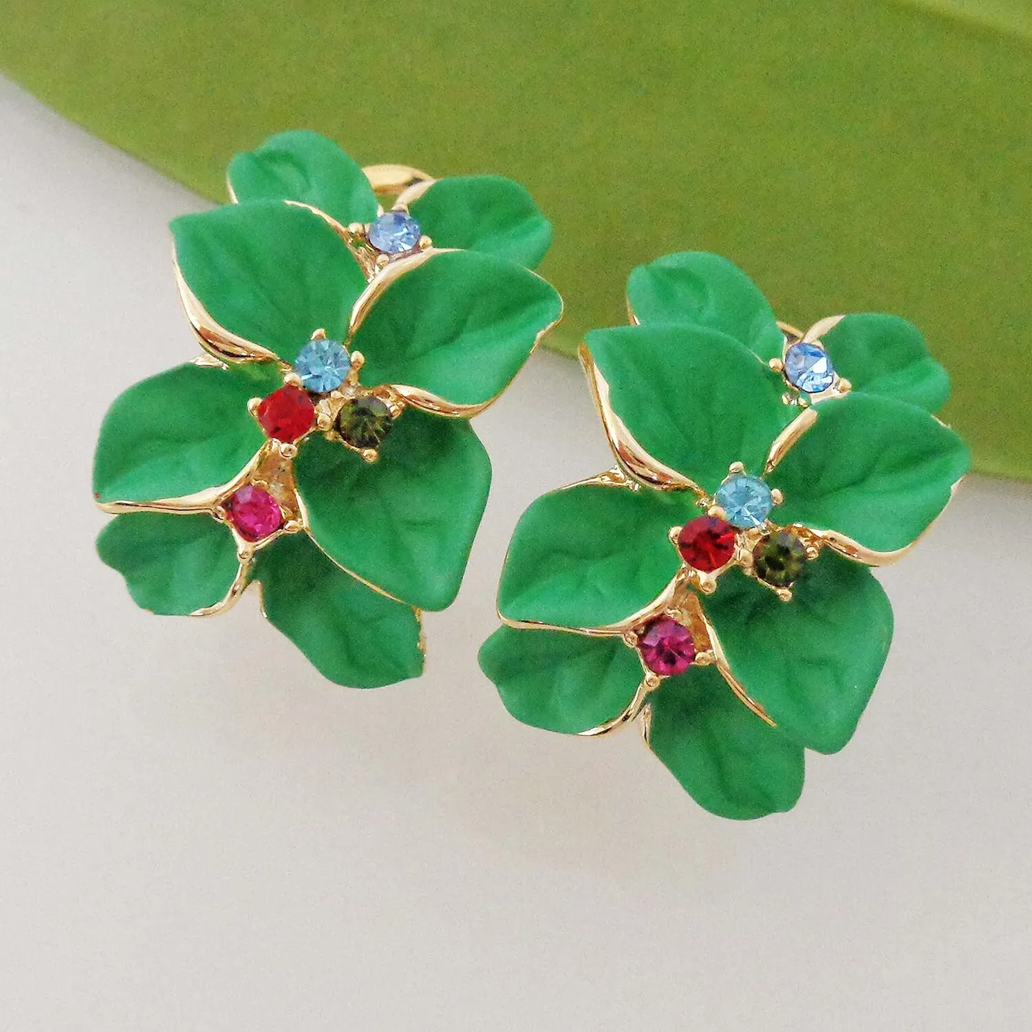 Navachi 18k Gold Plated Colorful Crystal Multi-color Enamel Leaves Flower Omega Back Earrings