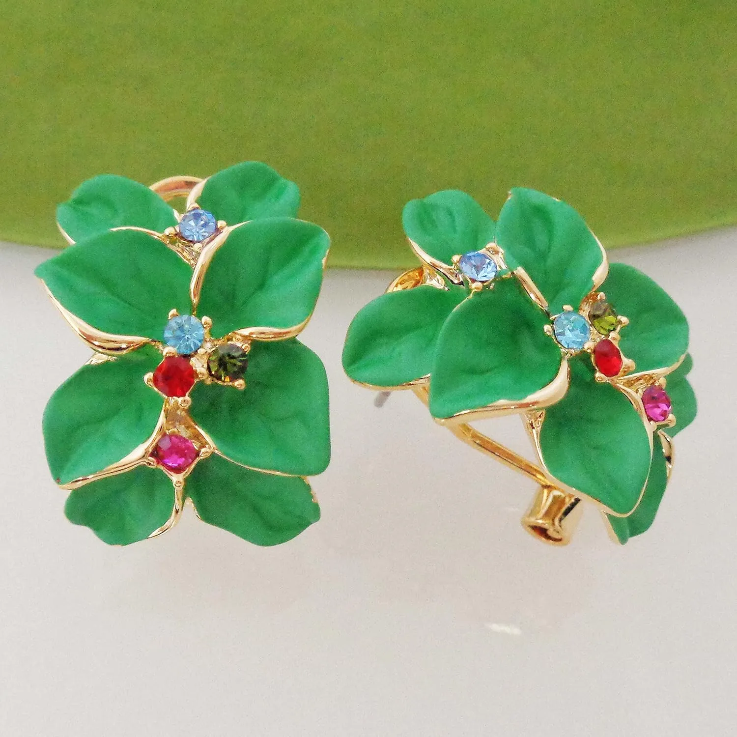 Navachi 18k Gold Plated Colorful Crystal Multi-color Enamel Leaves Flower Omega Back Earrings