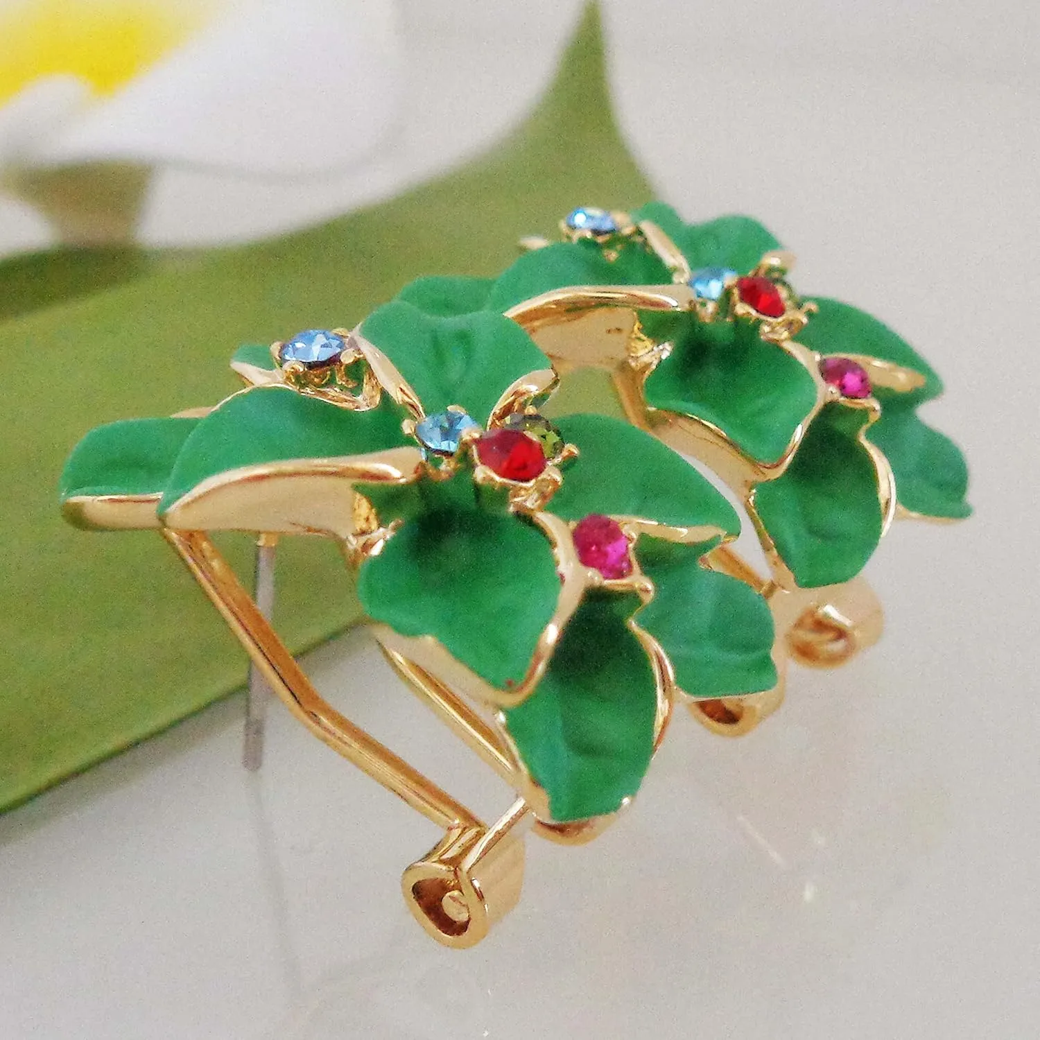 Navachi 18k Gold Plated Colorful Crystal Multi-color Enamel Leaves Flower Omega Back Earrings