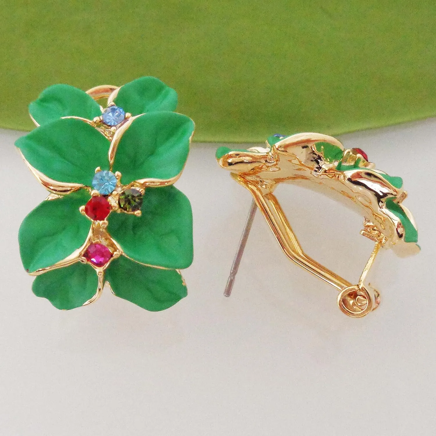 Navachi 18k Gold Plated Colorful Crystal Multi-color Enamel Leaves Flower Omega Back Earrings