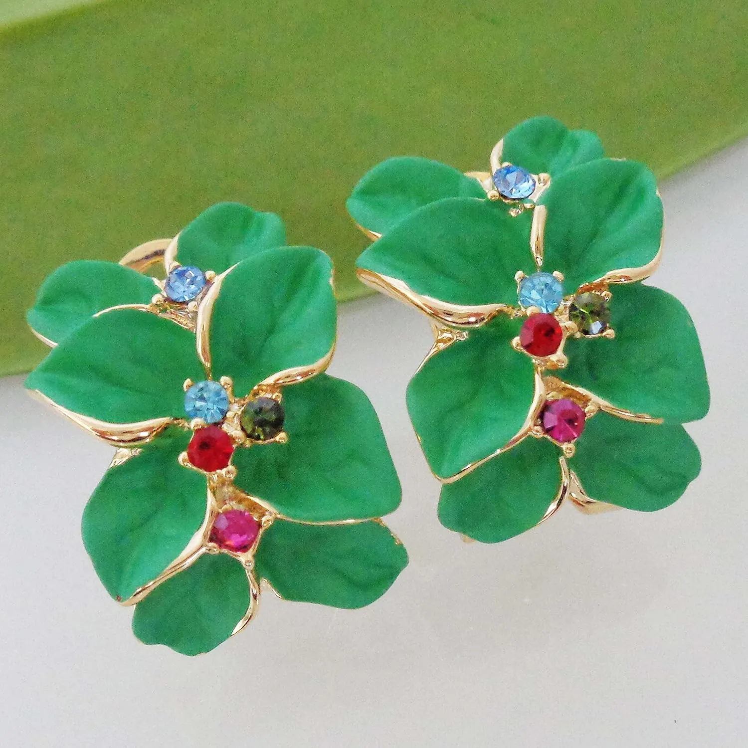 Navachi 18k Gold Plated Colorful Crystal Multi-color Enamel Leaves Flower Omega Back Earrings