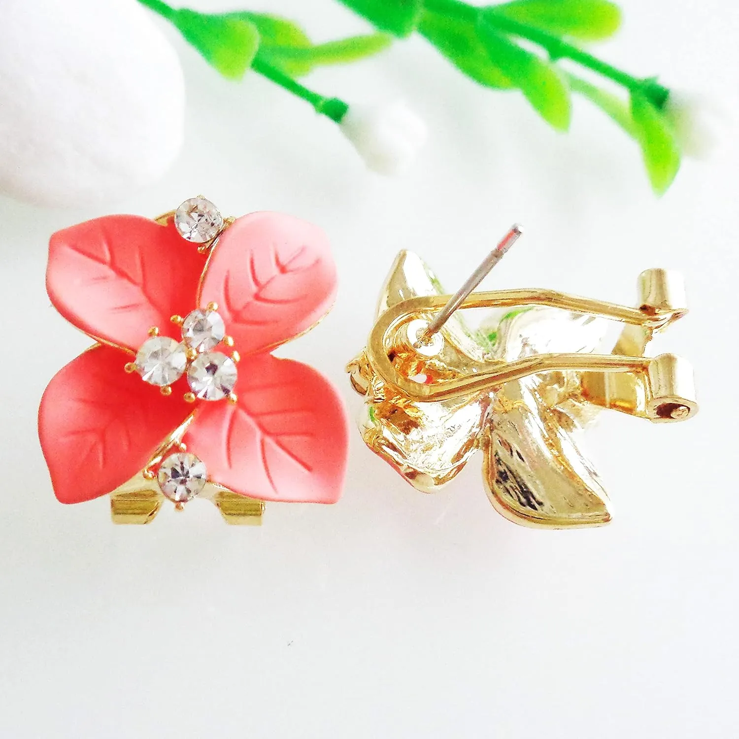 Navachi 18k Gold Plated Crystal Colorful Enamel Leaves Flower Omega Back Earrings