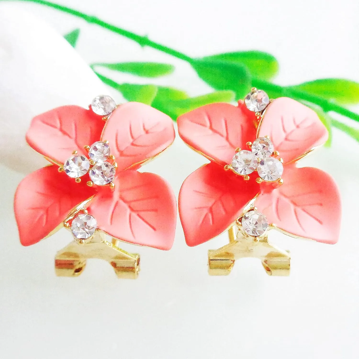 Navachi 18k Gold Plated Crystal Colorful Enamel Leaves Flower Omega Back Earrings