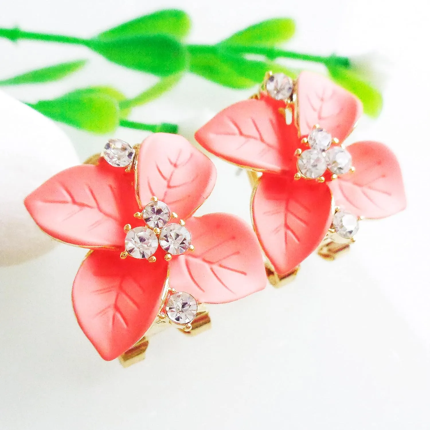 Navachi 18k Gold Plated Crystal Colorful Enamel Leaves Flower Omega Back Earrings