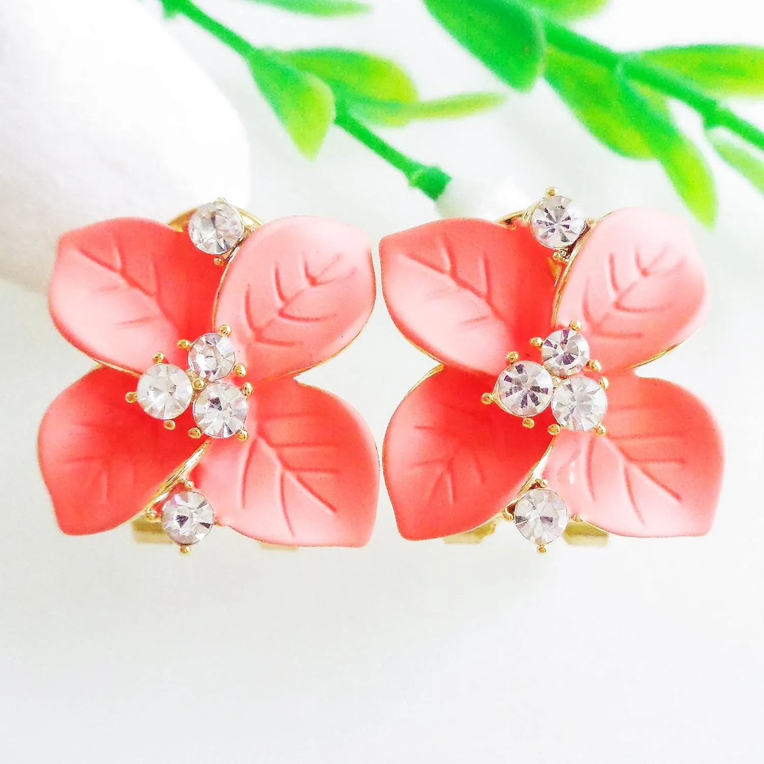 Navachi 18k Gold Plated Crystal Colorful Enamel Leaves Flower Omega Back Earrings