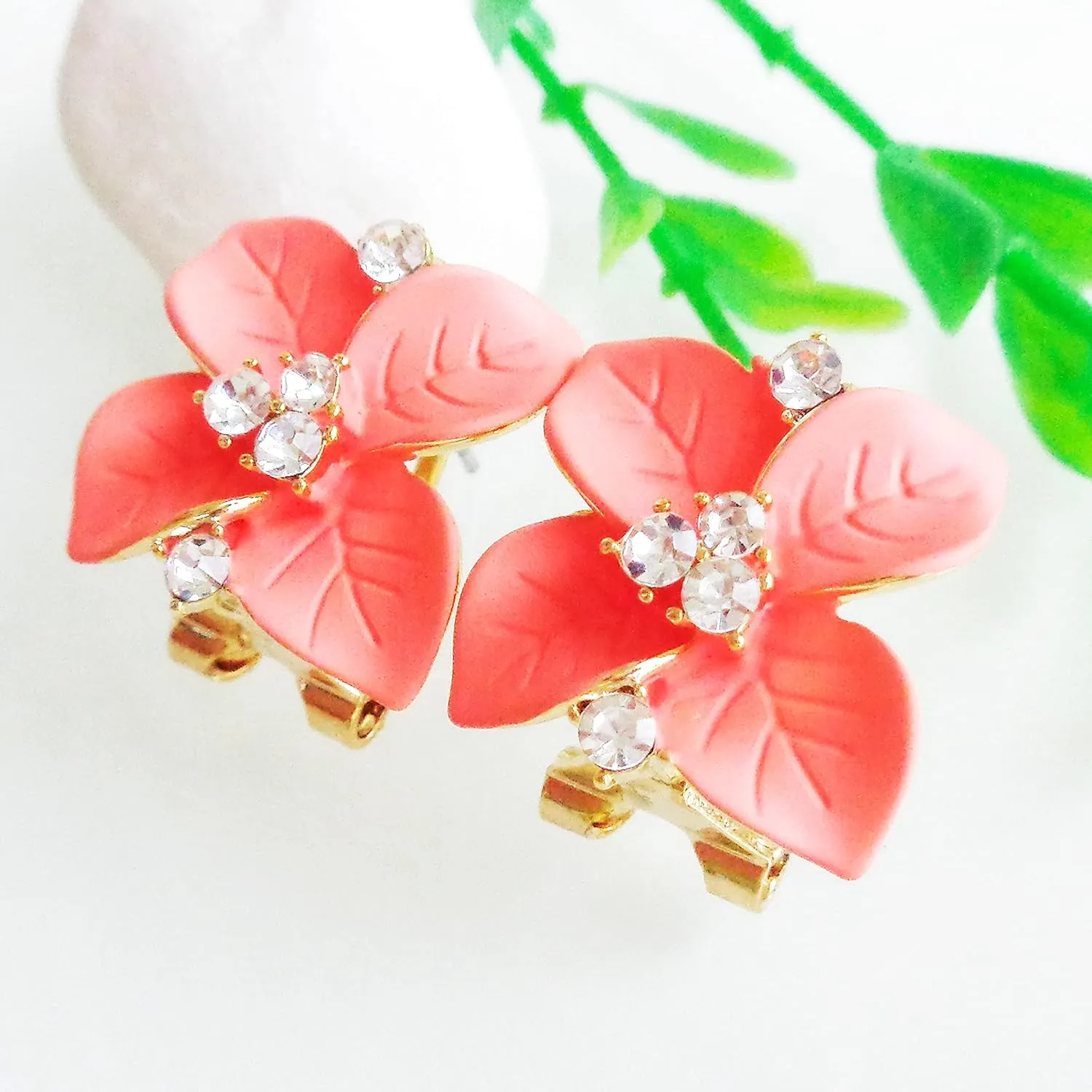 Navachi 18k Gold Plated Crystal Colorful Enamel Leaves Flower Omega Back Earrings