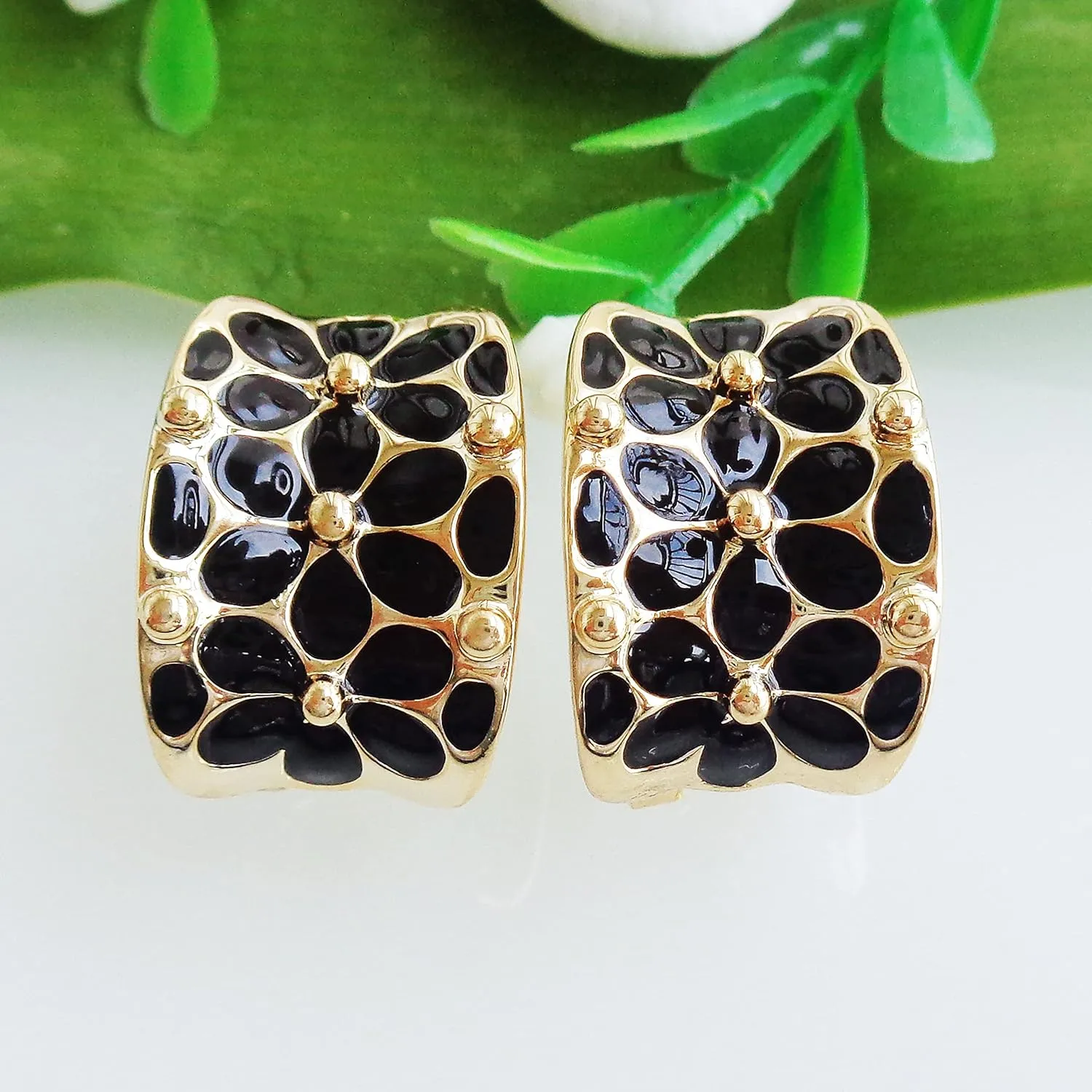 Navachi 18k Gold Plated Square Rainbow Colorful Enamel Leaves Flower Omega Back Earrings