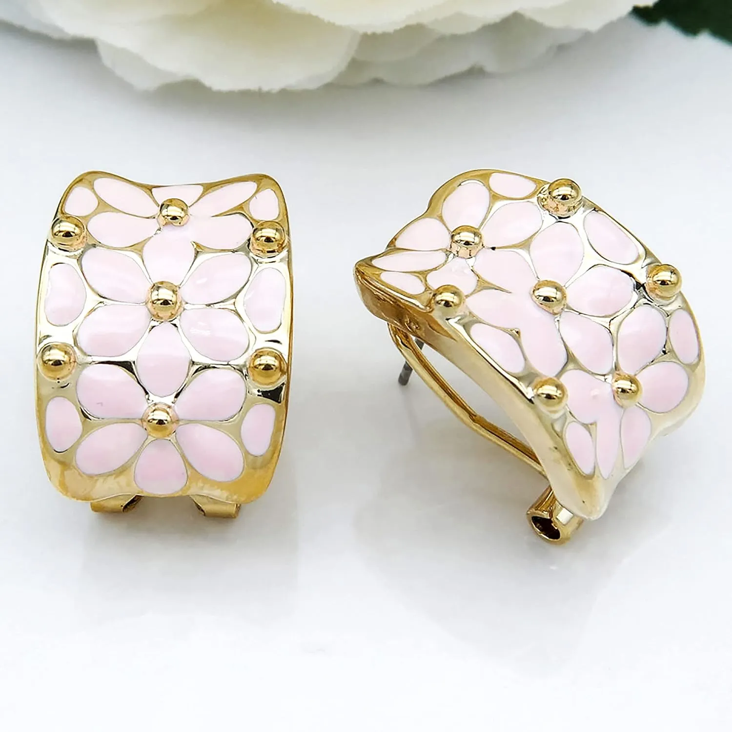 Navachi 18k Gold Plated Square Rainbow Colorful Enamel Leaves Flower Omega Back Earrings