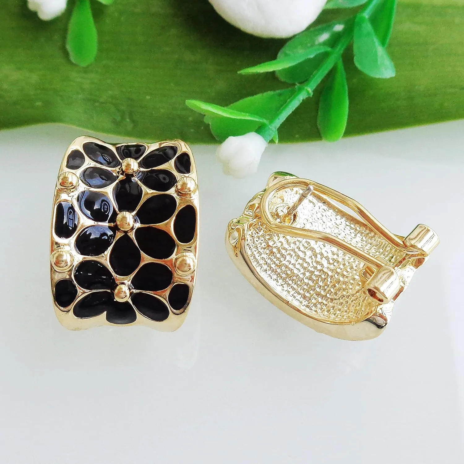 Navachi 18k Gold Plated Square Rainbow Colorful Enamel Leaves Flower Omega Back Earrings