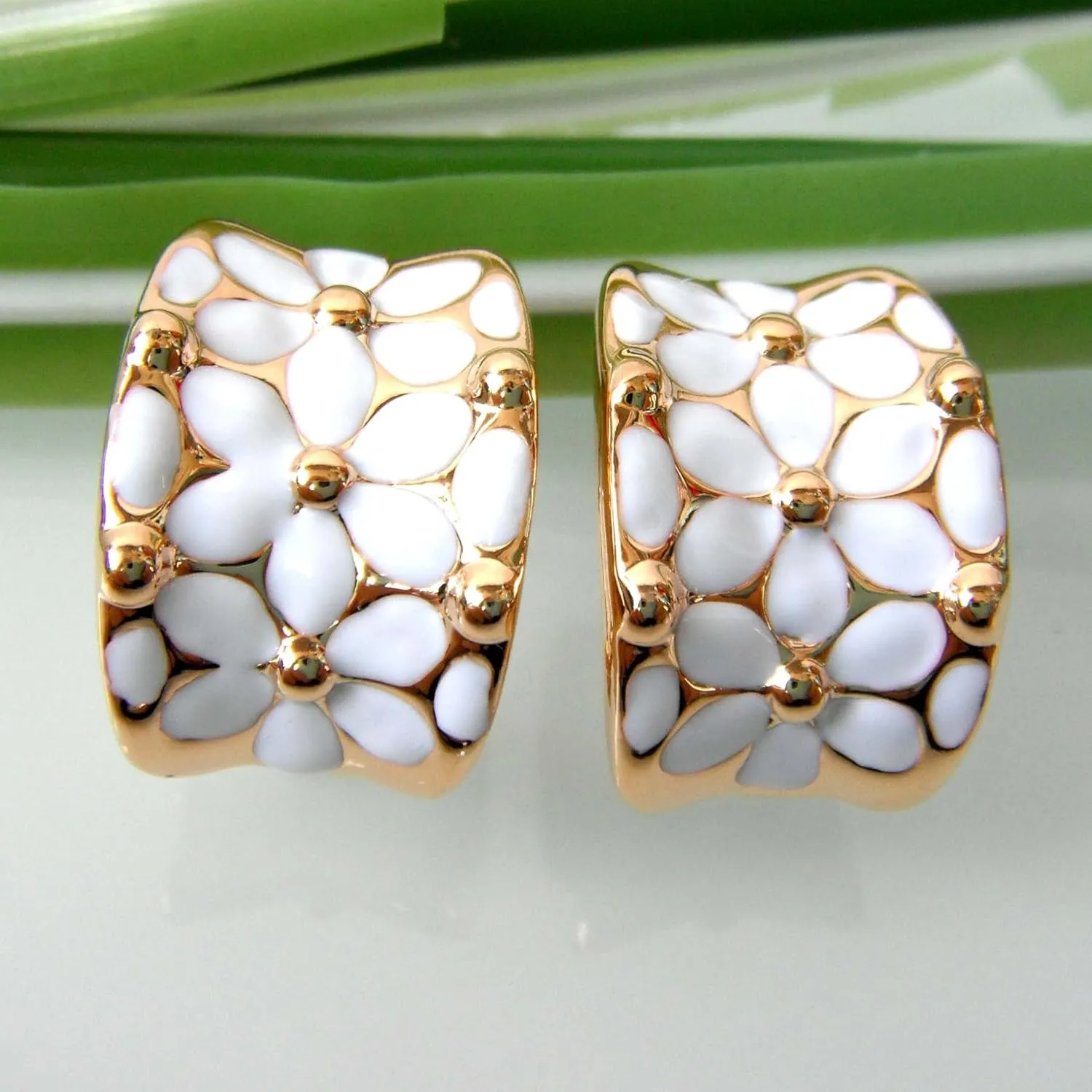 Navachi 18k Gold Plated Square Rainbow Colorful Enamel Leaves Flower Omega Back Earrings