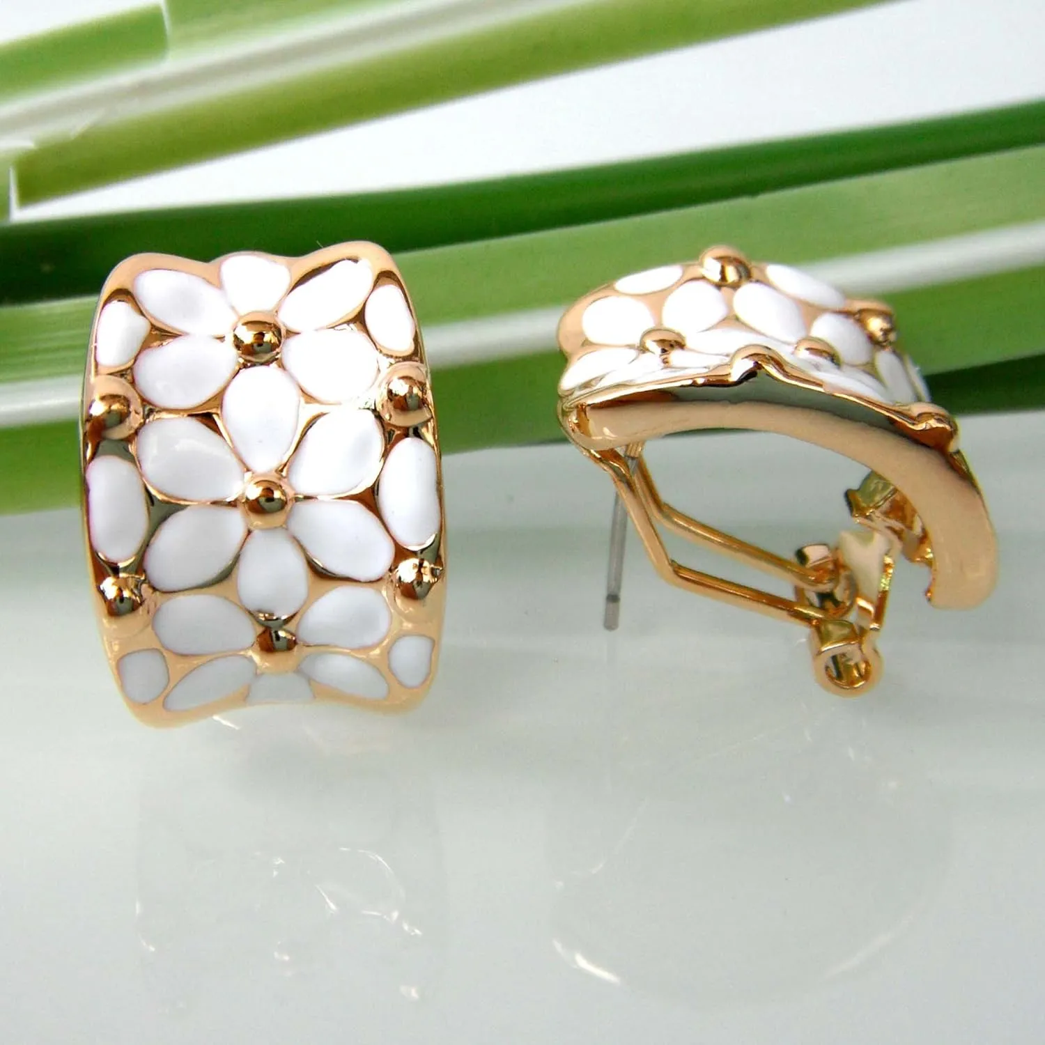 Navachi 18k Gold Plated Square Rainbow Colorful Enamel Leaves Flower Omega Back Earrings