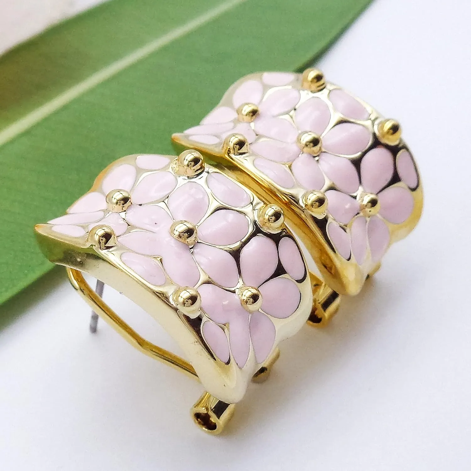 Navachi 18k Gold Plated Square Rainbow Colorful Enamel Leaves Flower Omega Back Earrings