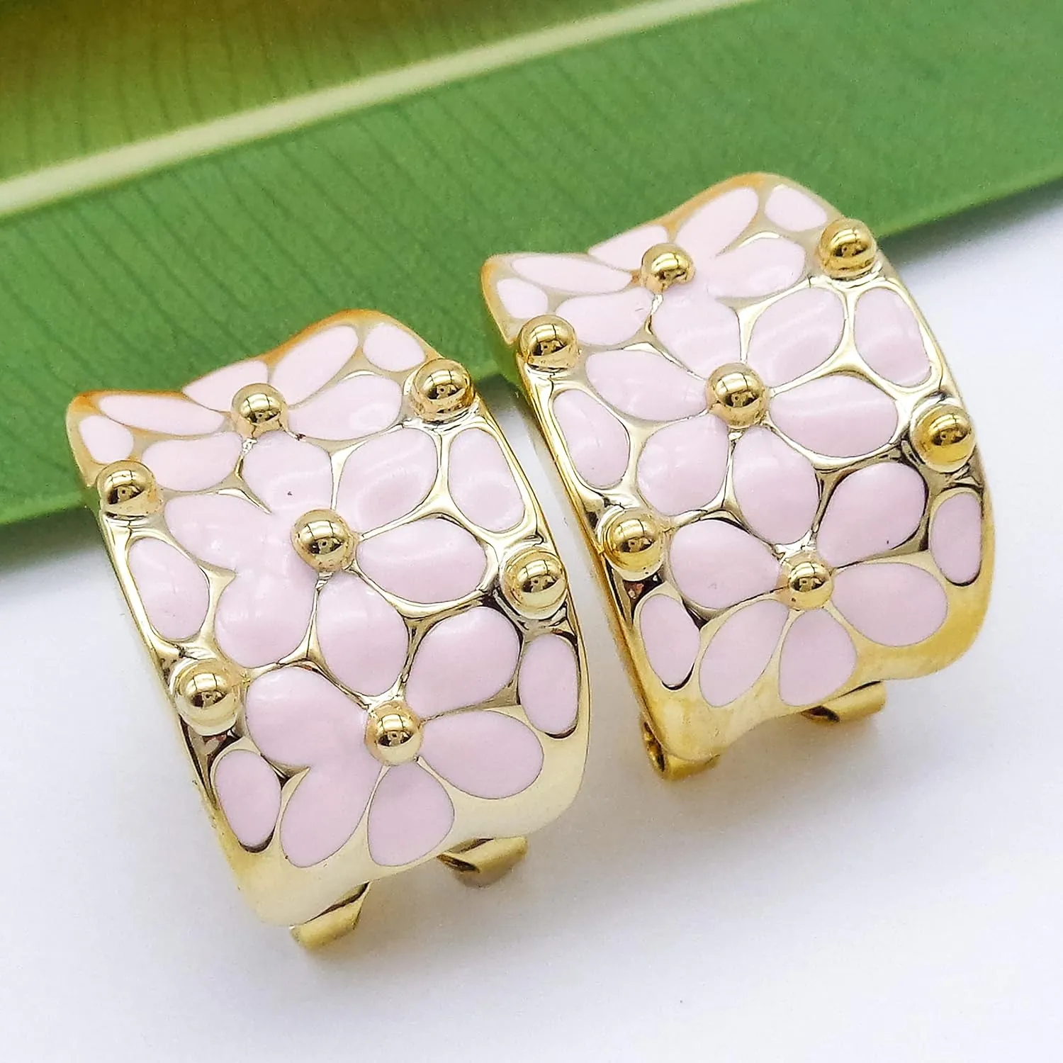 Navachi 18k Gold Plated Square Rainbow Colorful Enamel Leaves Flower Omega Back Earrings