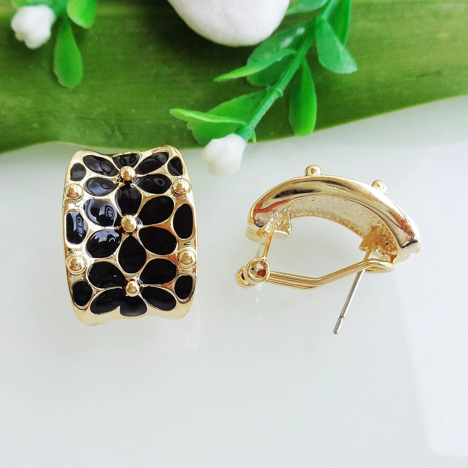 Navachi 18k Gold Plated Square Rainbow Colorful Enamel Leaves Flower Omega Back Earrings