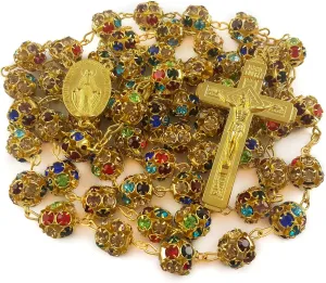 Nazareth Store Gold Plated Rosary Necklace with Colorful Crystallized Beads Miraculous Medal Cross Crucifix