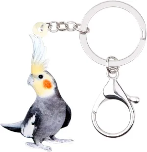 NEWEI Acrylic Bird Keychain Cockatiel Parrot Key Chain for Women Girls Bird Lovers Bag Wallet Pendant Decoration (Grey)