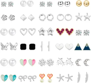 NEWITIN 30 Pairs Colorful Cute Earrings for Girls Sensitive Ears Hypoallergenic Girl Stud Earrings Set Stainless Steel Cartoon Stud for Girls and Women