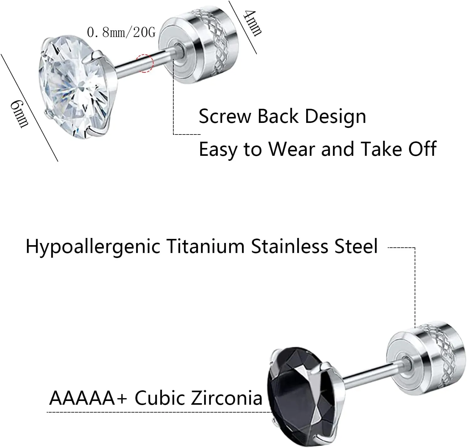 NEWITIN 7 Pairs Titanium Screw Back Earrings for Women Hypoallergenic Earring Double Side 20G Men Earring 5A Cubic Zirconia Sutd Earrings for Women Men