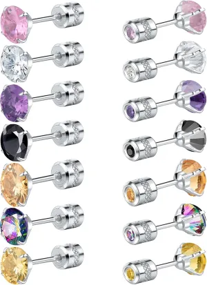 NEWITIN 7 Pairs Titanium Screw Back Earrings for Women Hypoallergenic Earring Double Side 20G Men Earring 5A Cubic Zirconia Sutd Earrings for Women Men