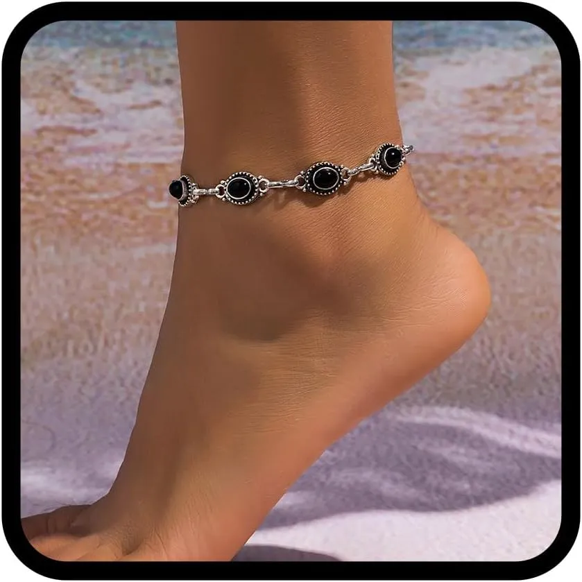 Nicute Boho Turquoise Anklet Black Vintage Ankle Summer Beach Adjustable Foot Jewelry for Women (Black)