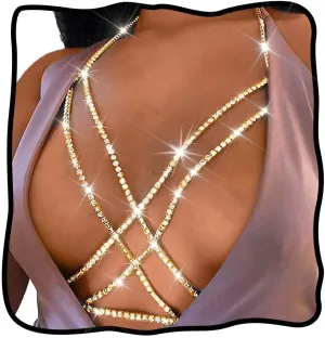 Nicute Rhinestone Body Chain Jewelry Gold Bra Jewelry Bling Plus Size Body Chains for Women