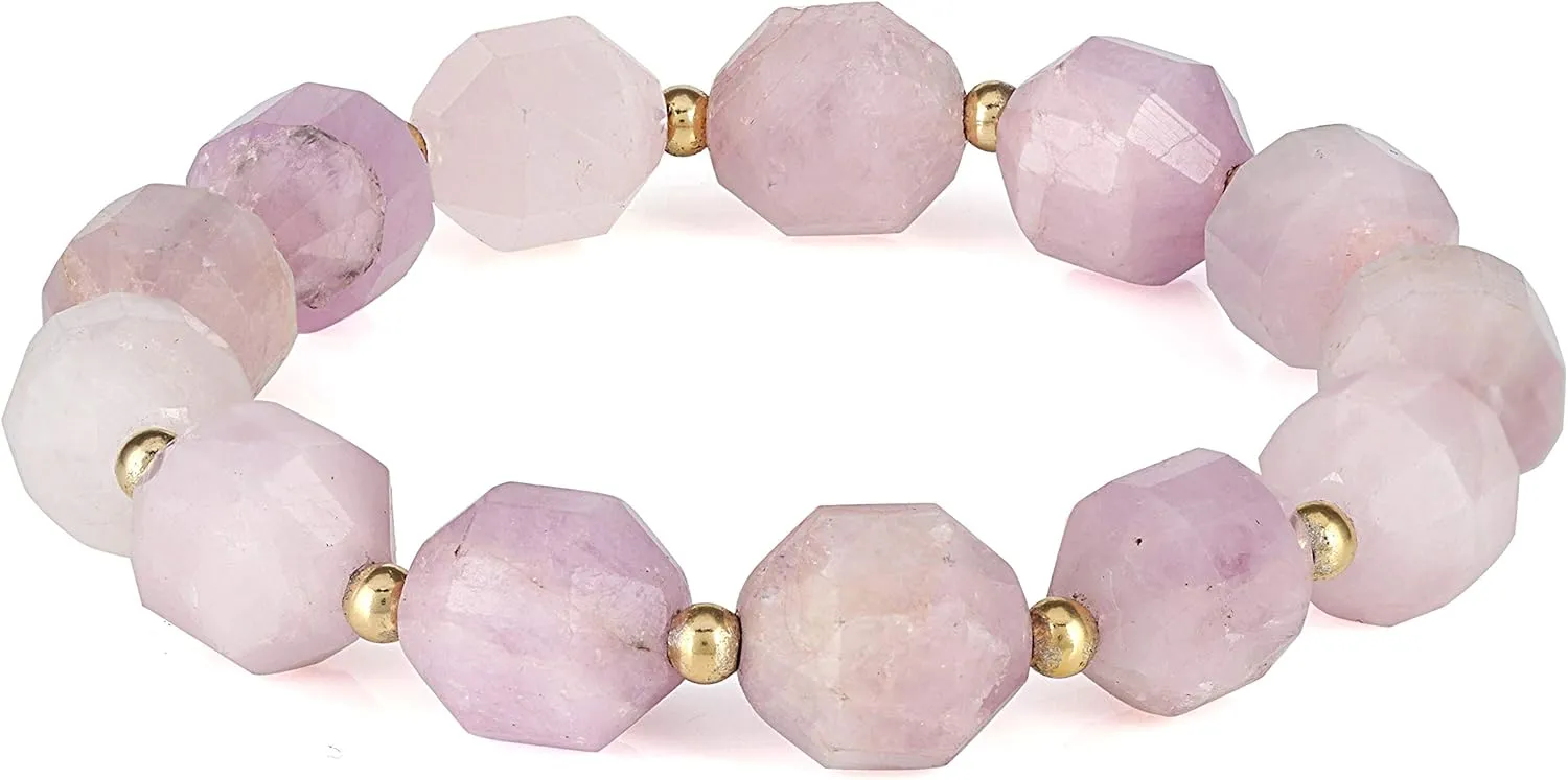 NirvanaIN Natural kunzite Bracelet, Handmade Faceted Hexagon Gemstone 10-11mm Beaded Stretch Bracelets Jewelry for Unisex