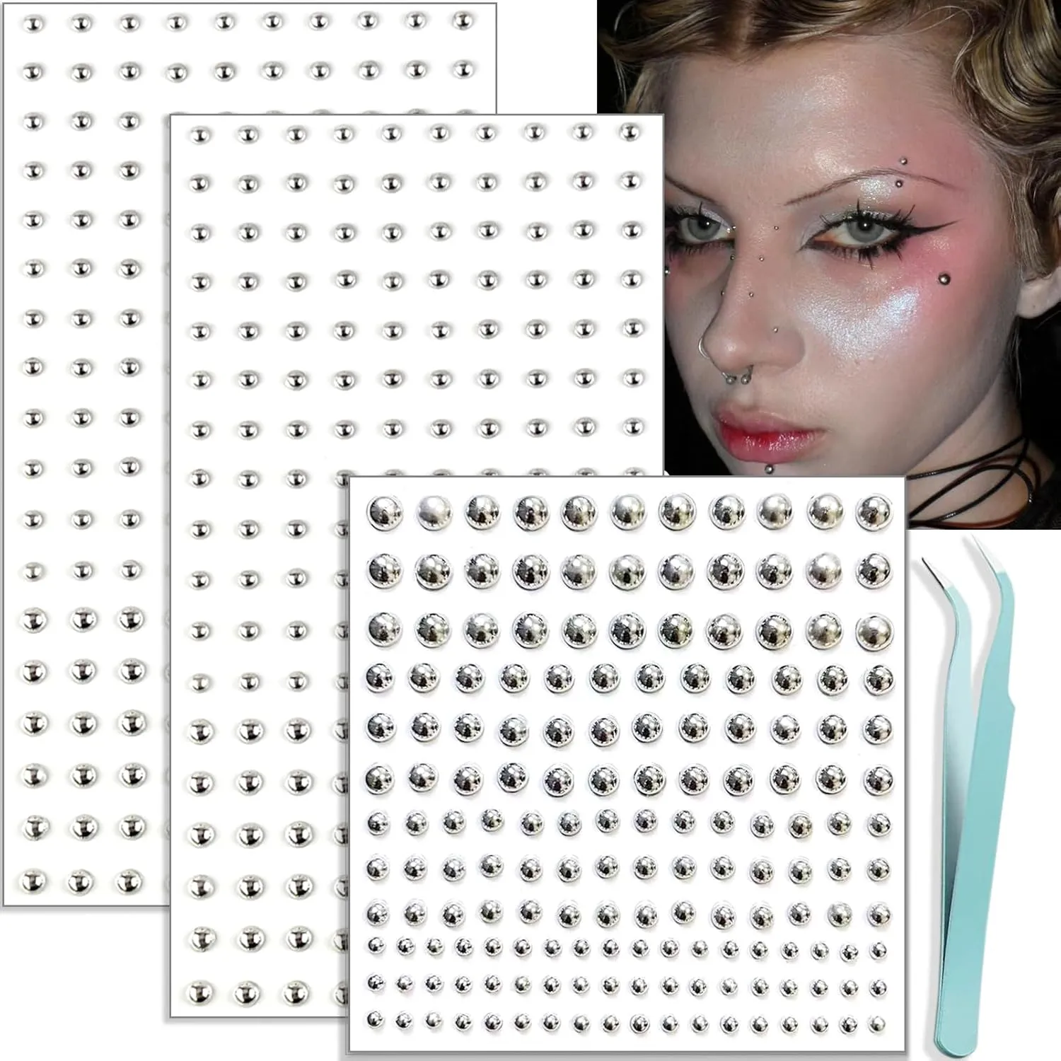 NOOEPC Face Gems Lip Stud, Fake Nose Stud Eyebrow Stud, Non Piercing Nose Stud Stick on Silver Belly Button Sticker, Face Sticker Music Festival Cool Punk Y2K Makeup Patches for Women Men