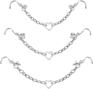 Nose Ring Chain Across Nose Stainless Steel Nostril Nose Piercing Chain with Cubic Zirconia Nose Screw Bone L-Shaped Ring for Women Men Body Piercing Nostril Jewelry with Bridge Chain