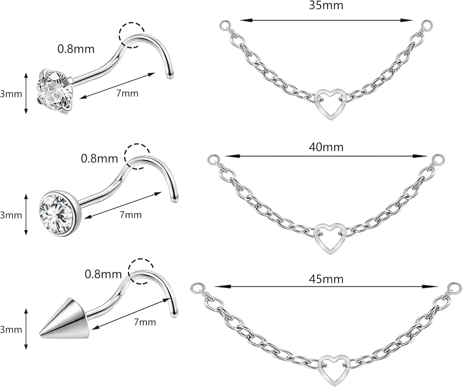 Nose Ring Chain Across Nose Stainless Steel Nostril Nose Piercing Chain with Cubic Zirconia Nose Screw Bone L-Shaped Ring for Women Men Body Piercing Nostril Jewelry with Bridge Chain