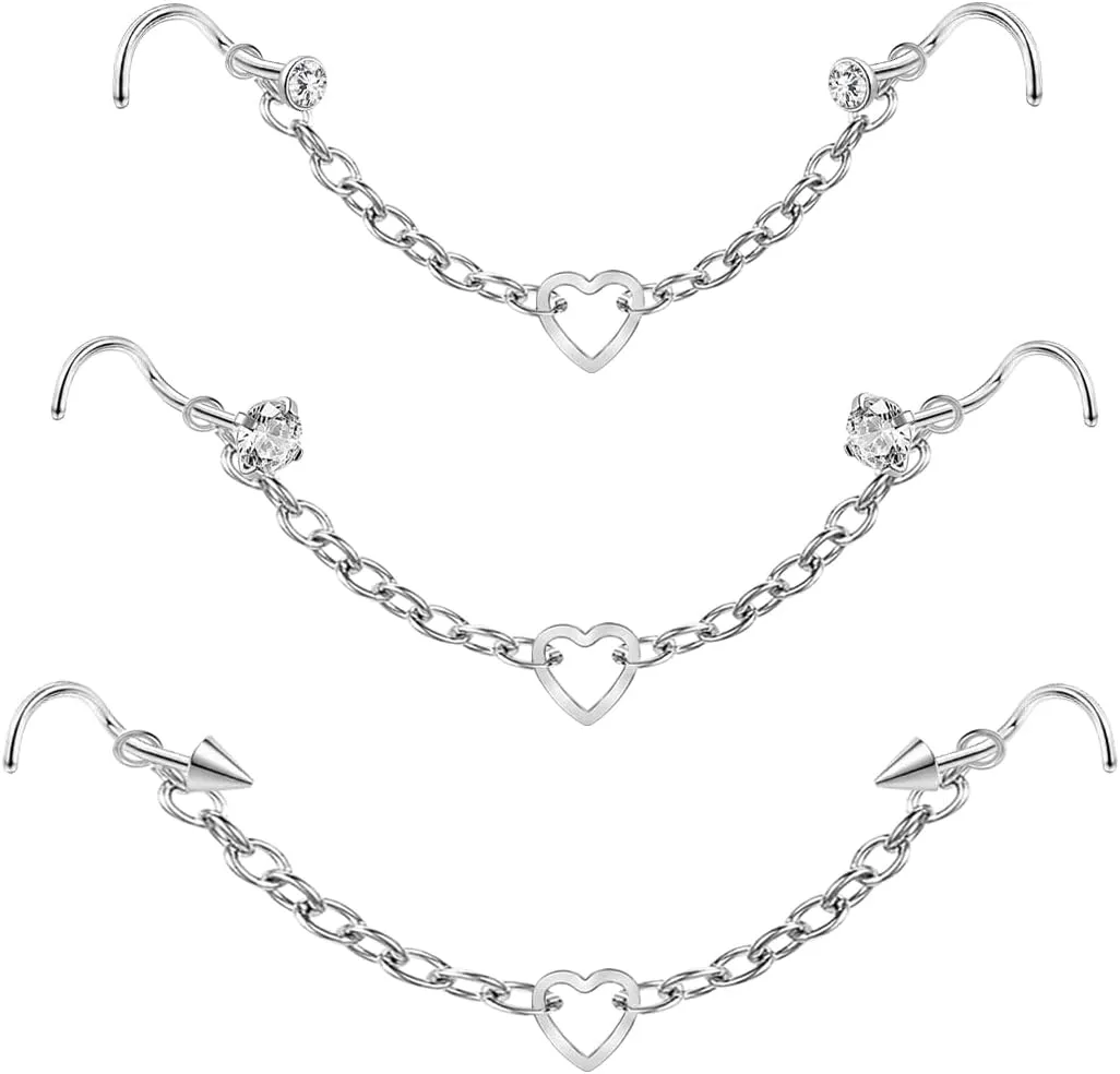 Nose Ring Chain Across Nose Stainless Steel Nostril Nose Piercing Chain with Cubic Zirconia Nose Screw Bone L-Shaped Ring for Women Men Body Piercing Nostril Jewelry with Bridge Chain